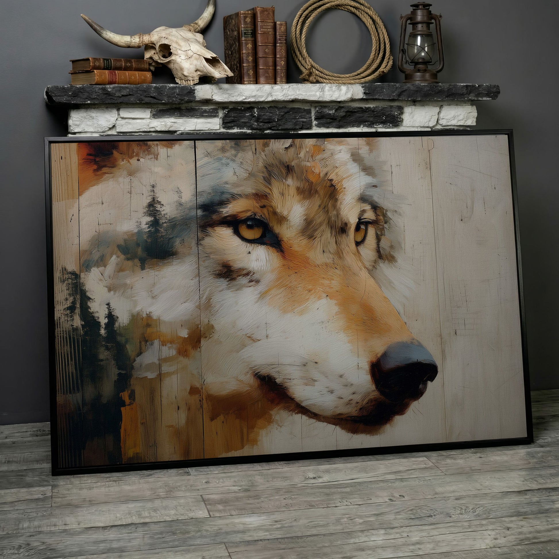 Wolf Portrait Canvas Wall Art with Forest Background in black floating frame