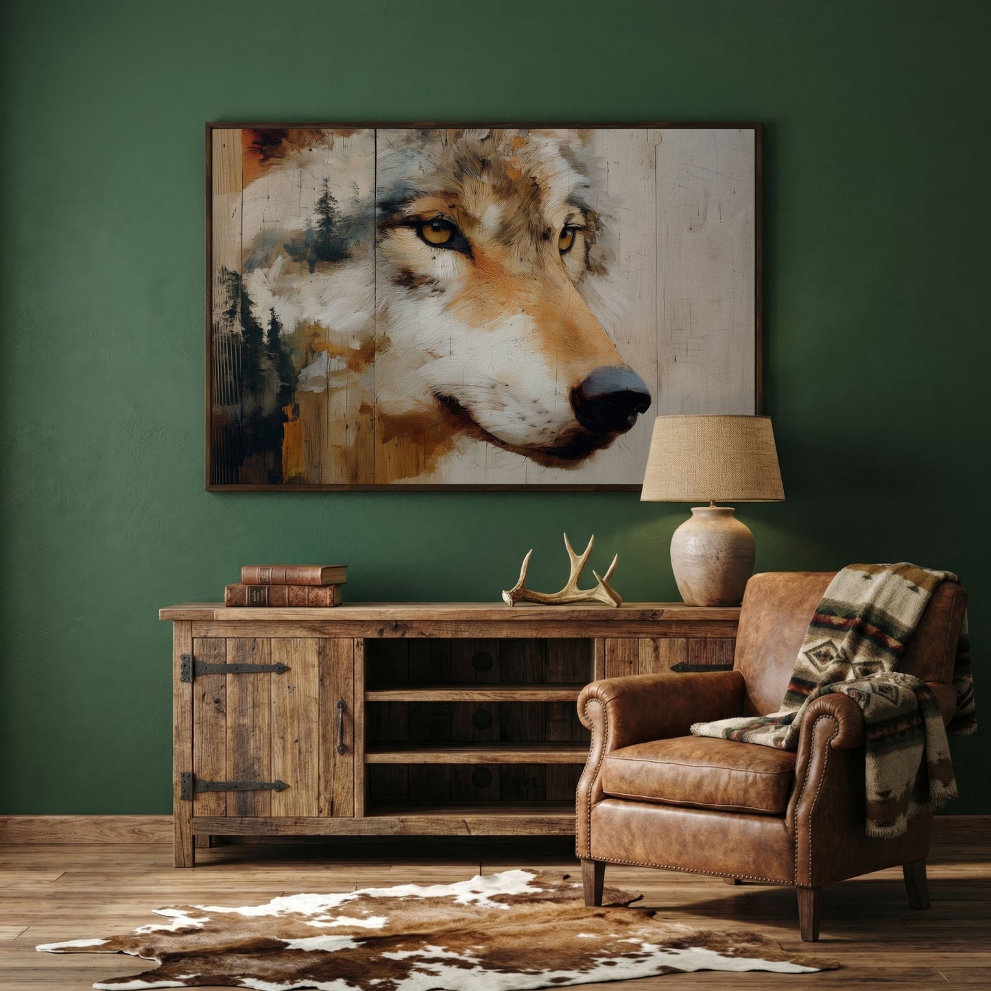 Wolf Portrait Canvas Wall Art with Forest Background in dark walnut floating frame