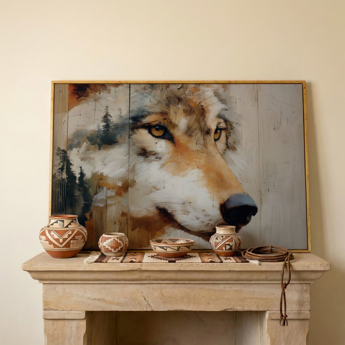 Wolf Portrait Canvas Wall Art with Forest Background in white oak floating frame