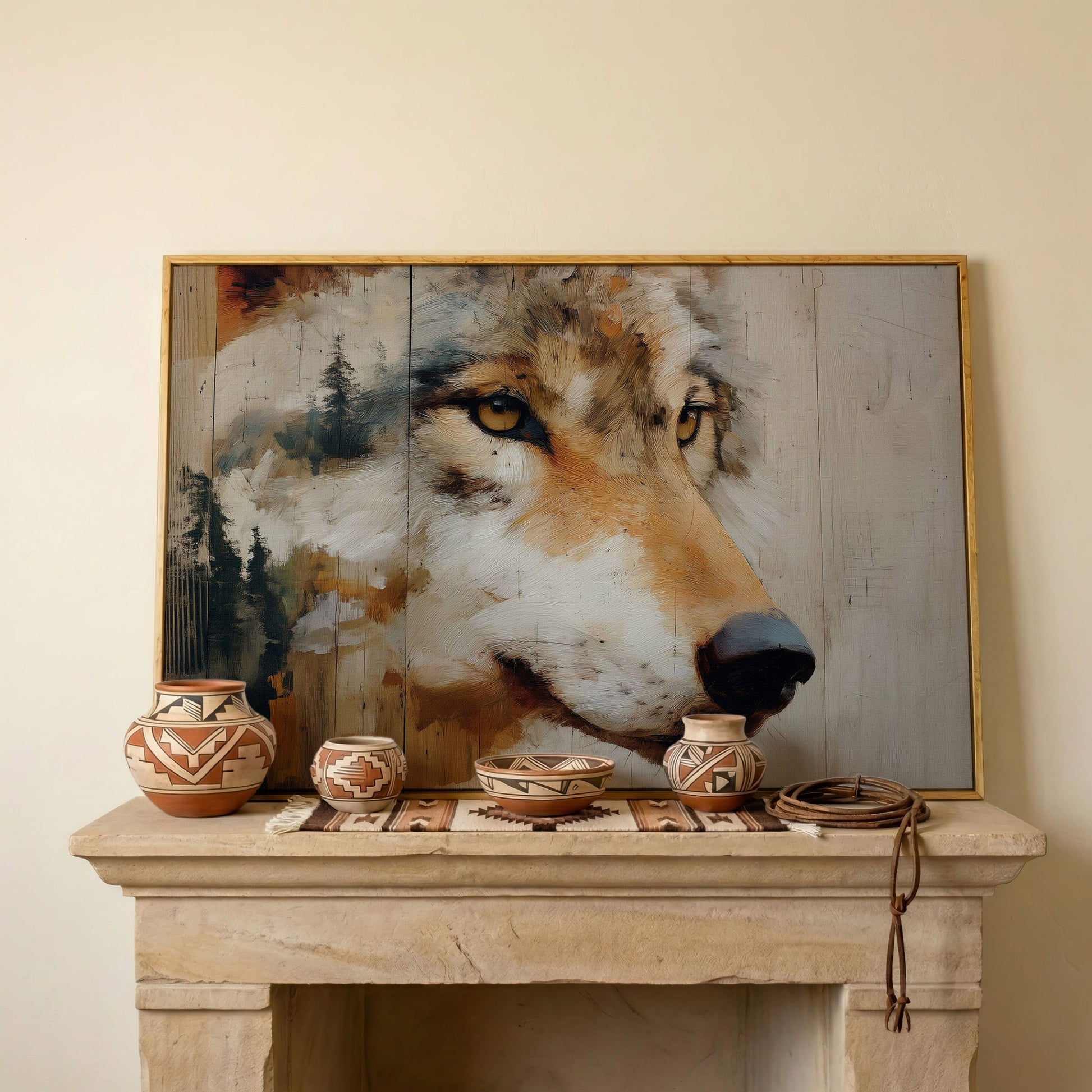 Wolf Portrait Canvas Wall Art with Forest Background in white oak floating frame