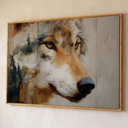 Wolf Portrait Canvas Wall Art with Forest Background shown in white oak floating frame