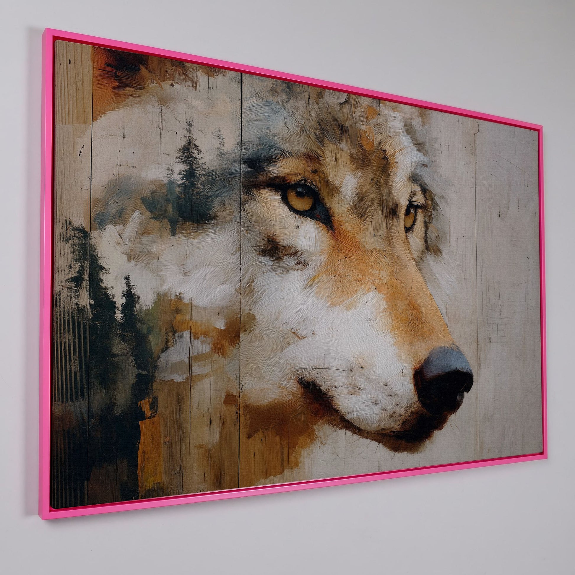 Wolf Portrait Canvas Wall Art with Forest Background in pink floating frame