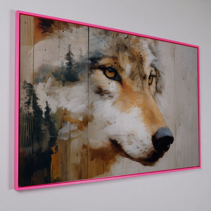 Wolf Portrait Canvas Wall Art with Forest Background in pink floating frame