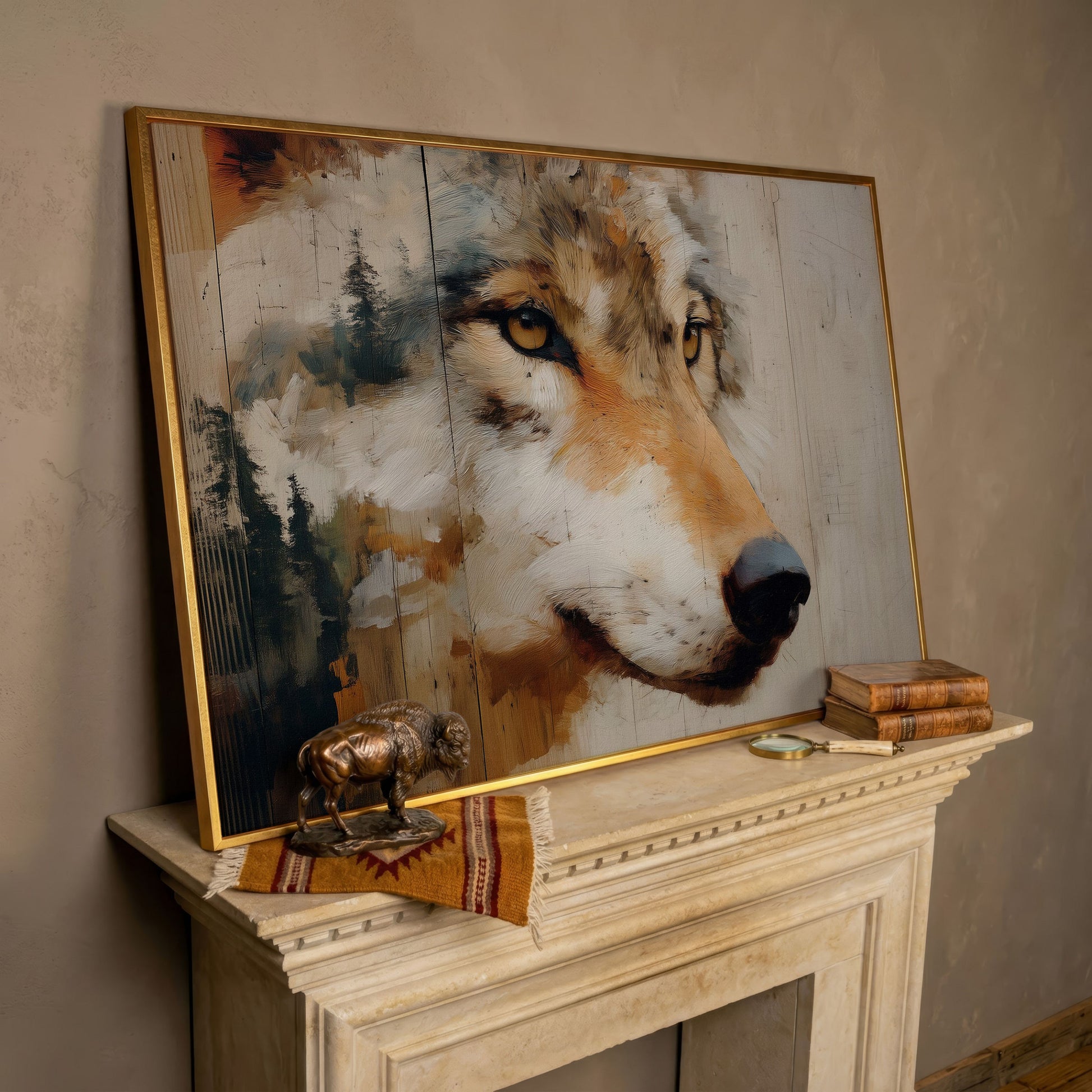 Wolf Portrait Canvas Wall Art with Forest Background in rose gold floating frame