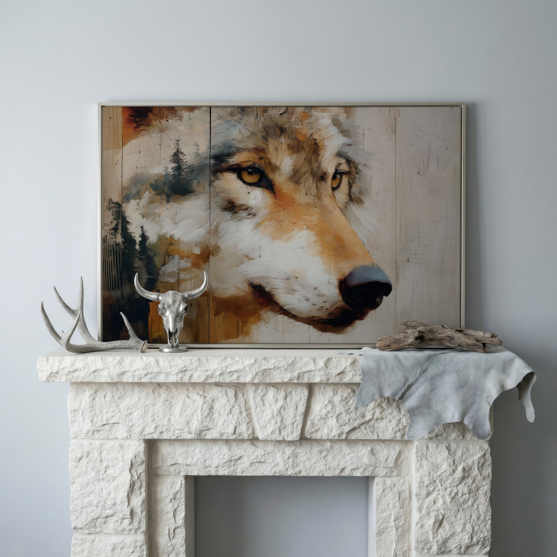 Wolf Portrait Canvas Wall Art with Forest Background in silver floating frame