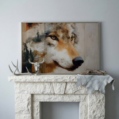 Wolf Portrait Canvas Wall Art with Forest Background in silver floating frame