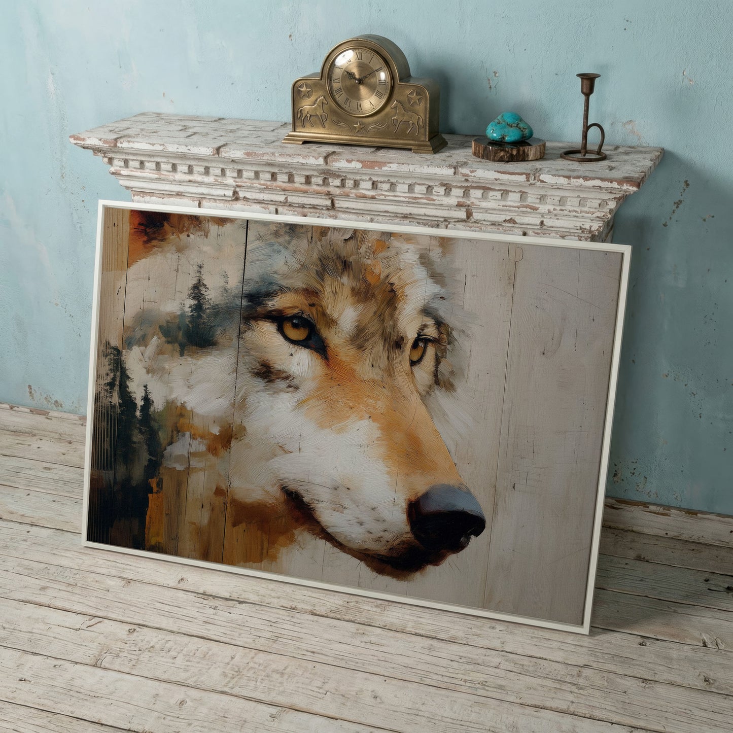 Wolf Portrait Canvas Wall Art with Forest Background in white floating frame