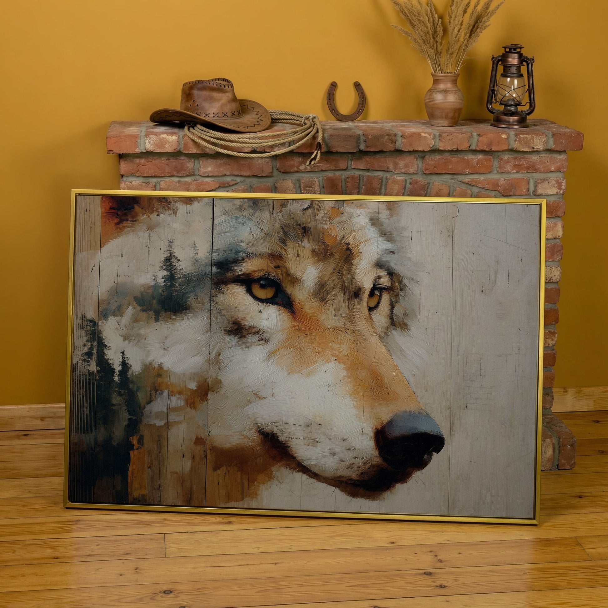 Wolf Portrait Canvas Wall Art with Forest Background in yellow gold floating frame