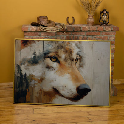 Wolf Portrait Canvas Wall Art with Forest Background in yellow gold floating frame