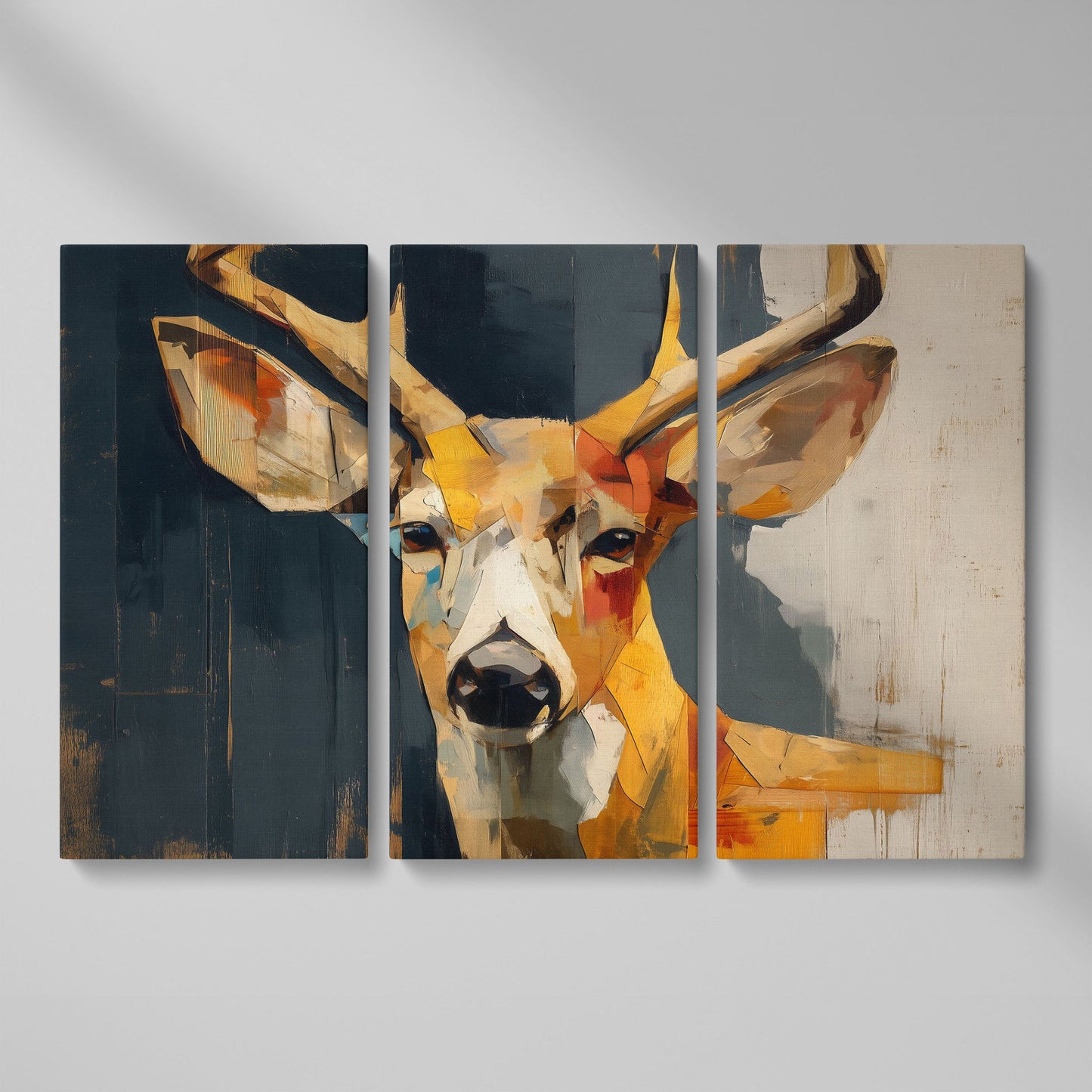 Stag Portrait Canvas Art, Stylized Deer Head and Antlers as 3-panel split version