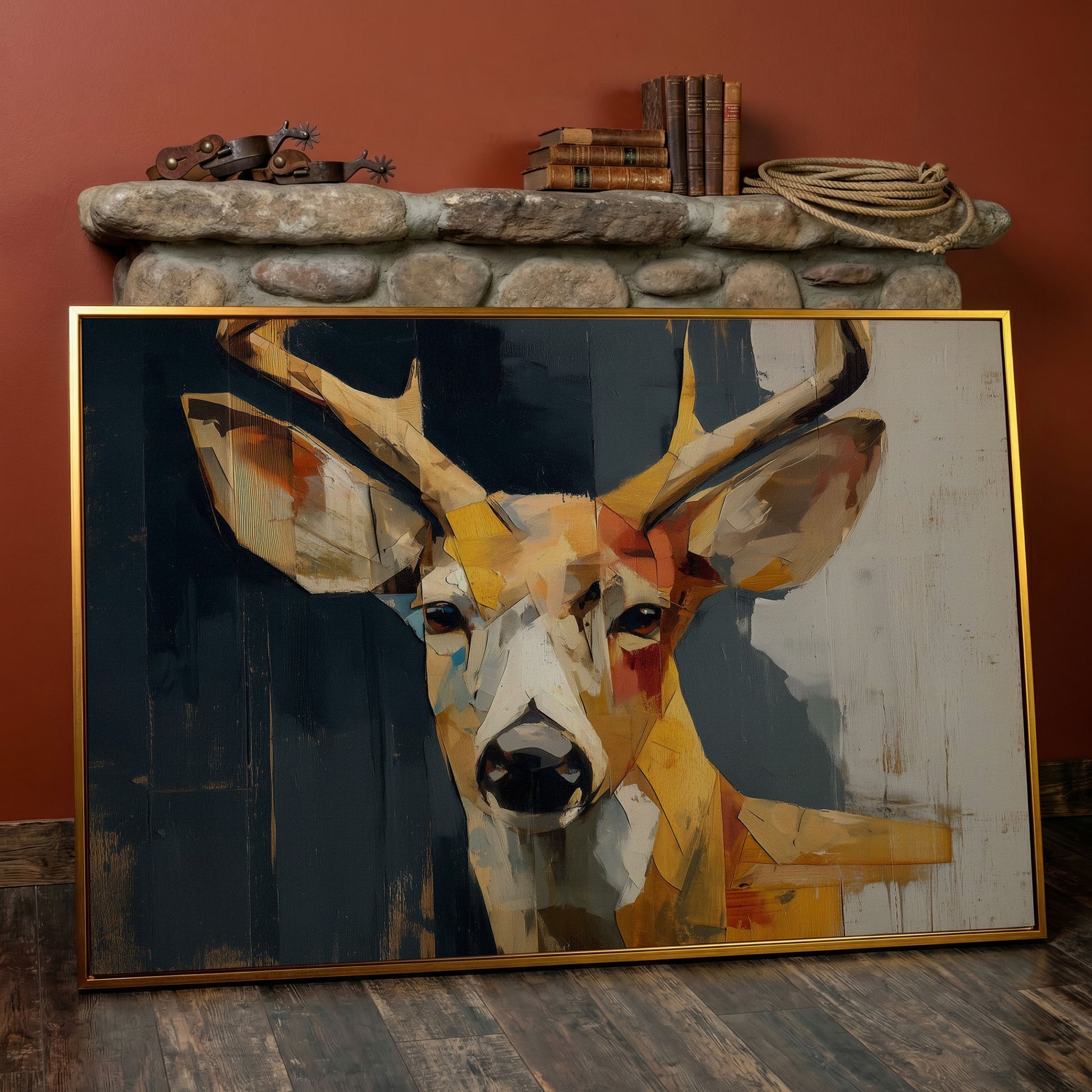 Stag Portrait Canvas Art, Stylized Deer Head and Antlers in antique gold floating frame