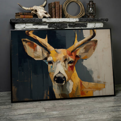 Stag Portrait Canvas Art, Stylized Deer Head and Antlers in black floating frame