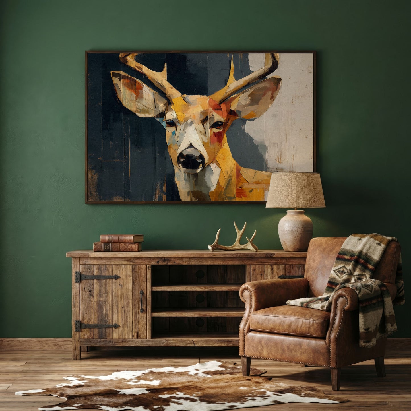 Stag Portrait Canvas Art, Stylized Deer Head and Antlers in dark walnut floating frame