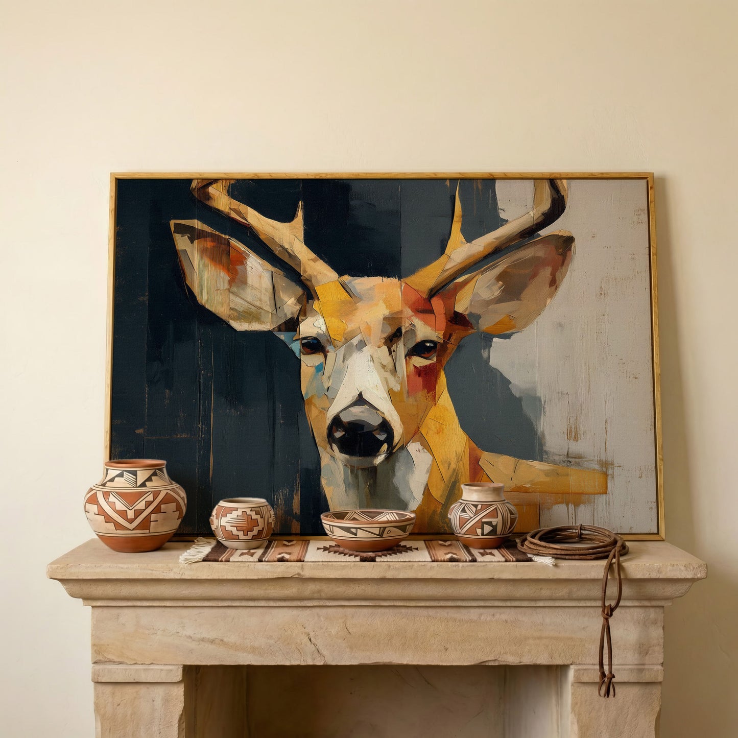 Stag Portrait Canvas Art, Stylized Deer Head and Antlers in white oak floating frame