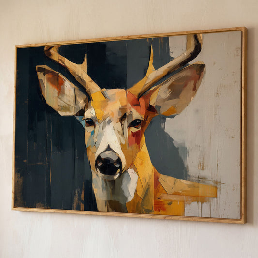 Stag Portrait Canvas Art, Stylized Deer Head and Antlers shown in white oak floating frame