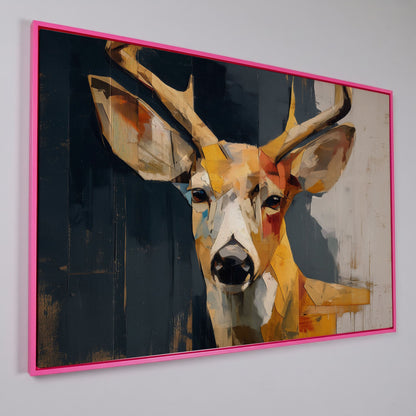 Stag Portrait Canvas Art, Stylized Deer Head and Antlers in pink floating frame