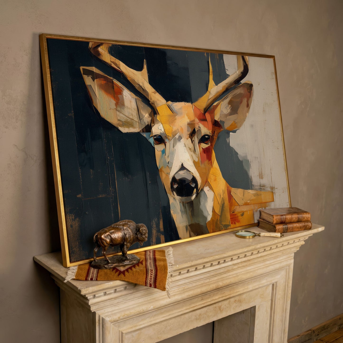 Stag Portrait Canvas Art, Stylized Deer Head and Antlers in rose gold floating frame