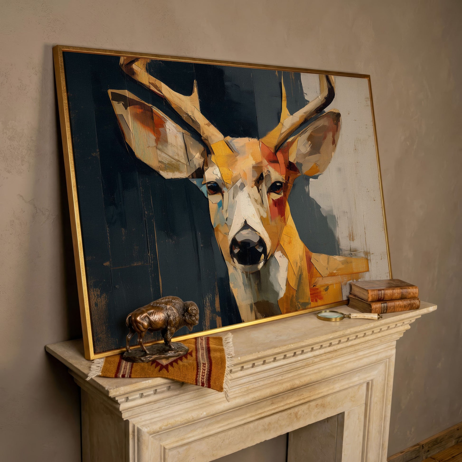 Stag Portrait Canvas Art, Stylized Deer Head and Antlers in rose gold floating frame