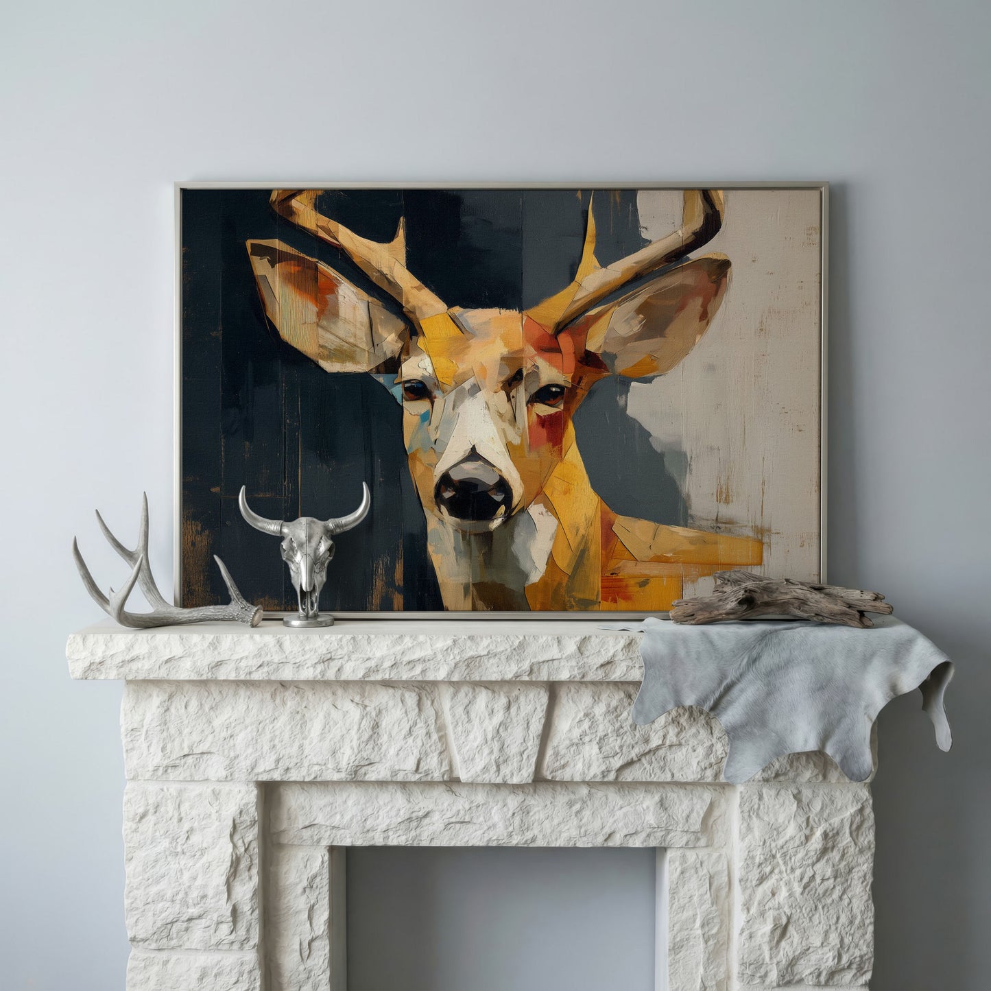 Stag Portrait Canvas Art, Stylized Deer Head and Antlers in silver floating frame