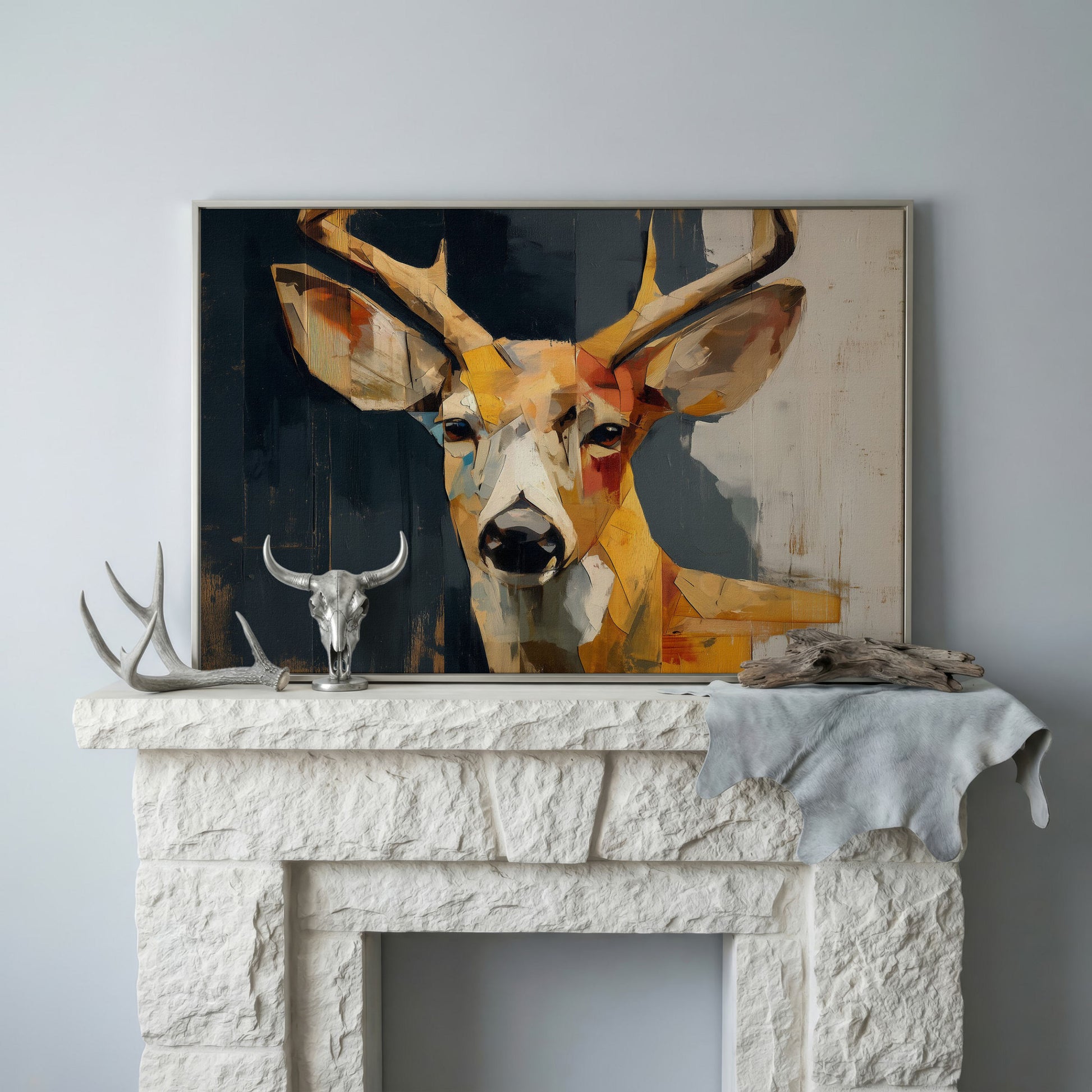 Stag Portrait Canvas Art, Stylized Deer Head and Antlers in silver floating frame