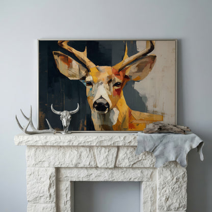 Stag Portrait Canvas Art, Stylized Deer Head and Antlers in silver floating frame