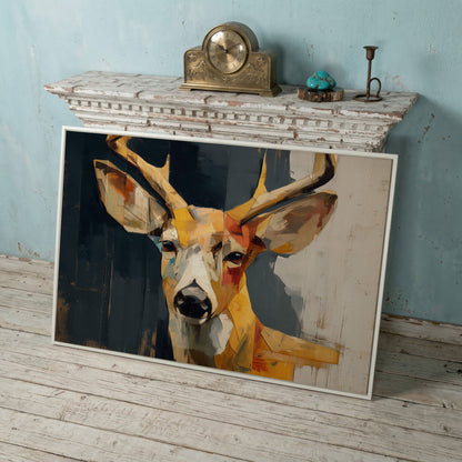 Stag Portrait Canvas Art, Stylized Deer Head and Antlers in white floating frame