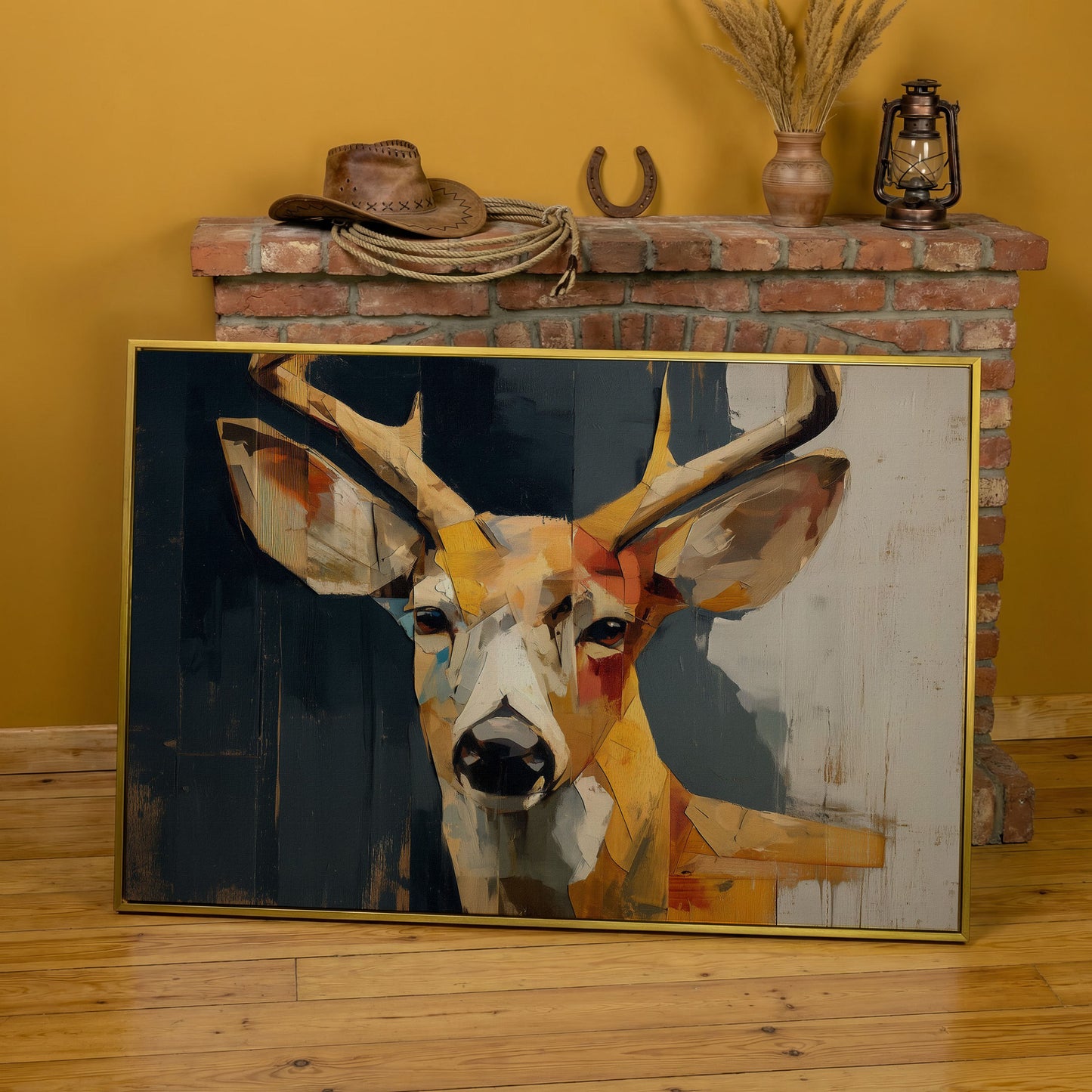 Stag Portrait Canvas Art, Stylized Deer Head and Antlers in yellow gold floating frame