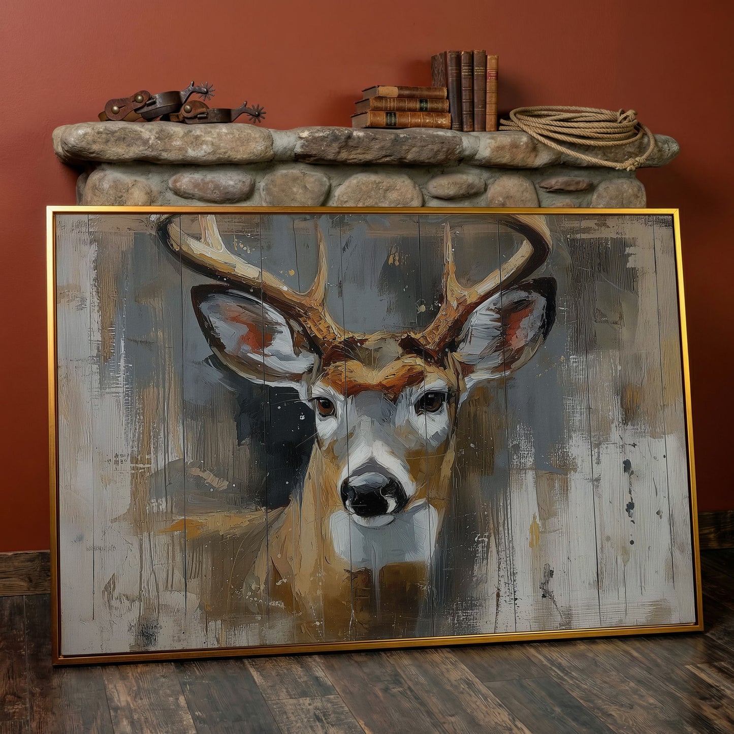 Stag Portrait Canvas Art, Painterly Antler Close-Up Wall Print in antique gold floating frame