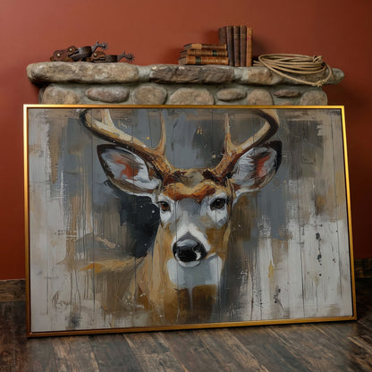 Stag Portrait Canvas Art, Painterly Antler Close-Up Wall Print in antique gold floating frame