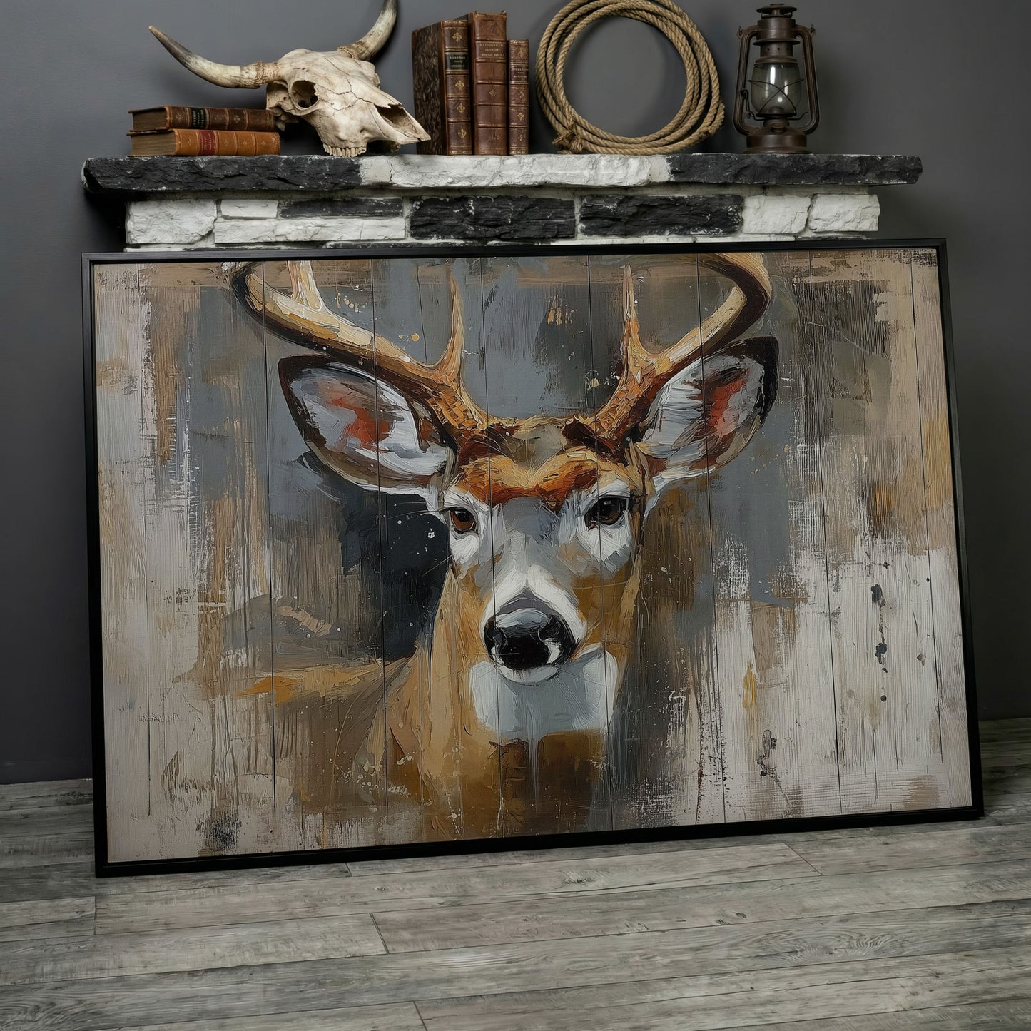 Stag Portrait Canvas Art, Painterly Antler Close-Up Wall Print in black floating frame