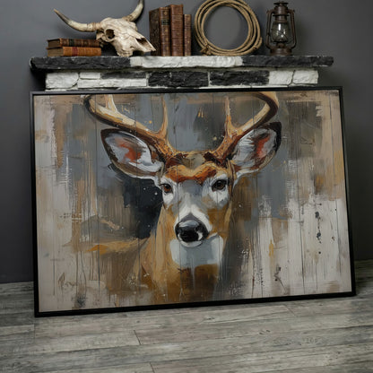 Stag Portrait Canvas Art, Painterly Antler Close-Up Wall Print in black floating frame