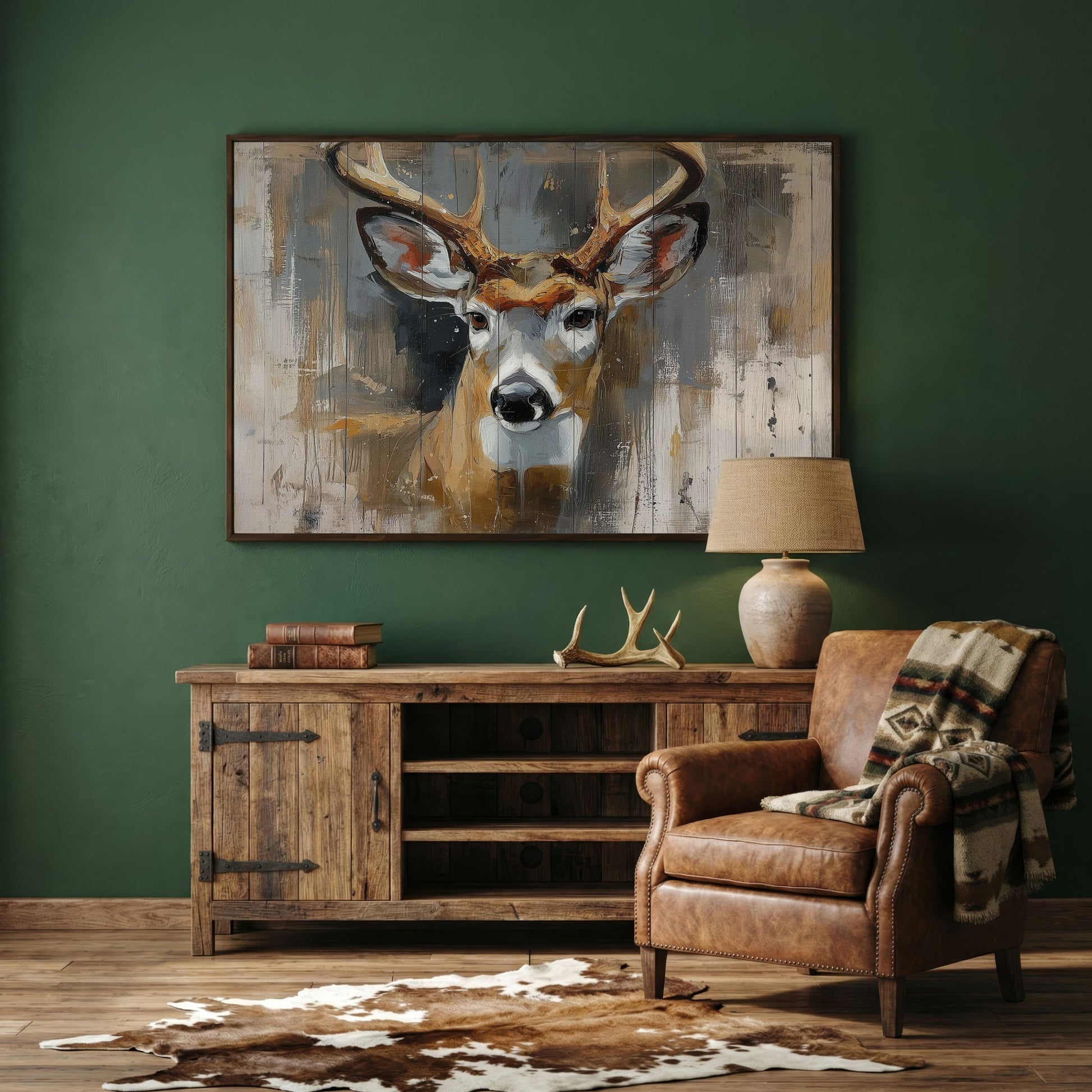 Stag Portrait Canvas Art, Painterly Antler Close-Up Wall Print in dark walnut floating frame