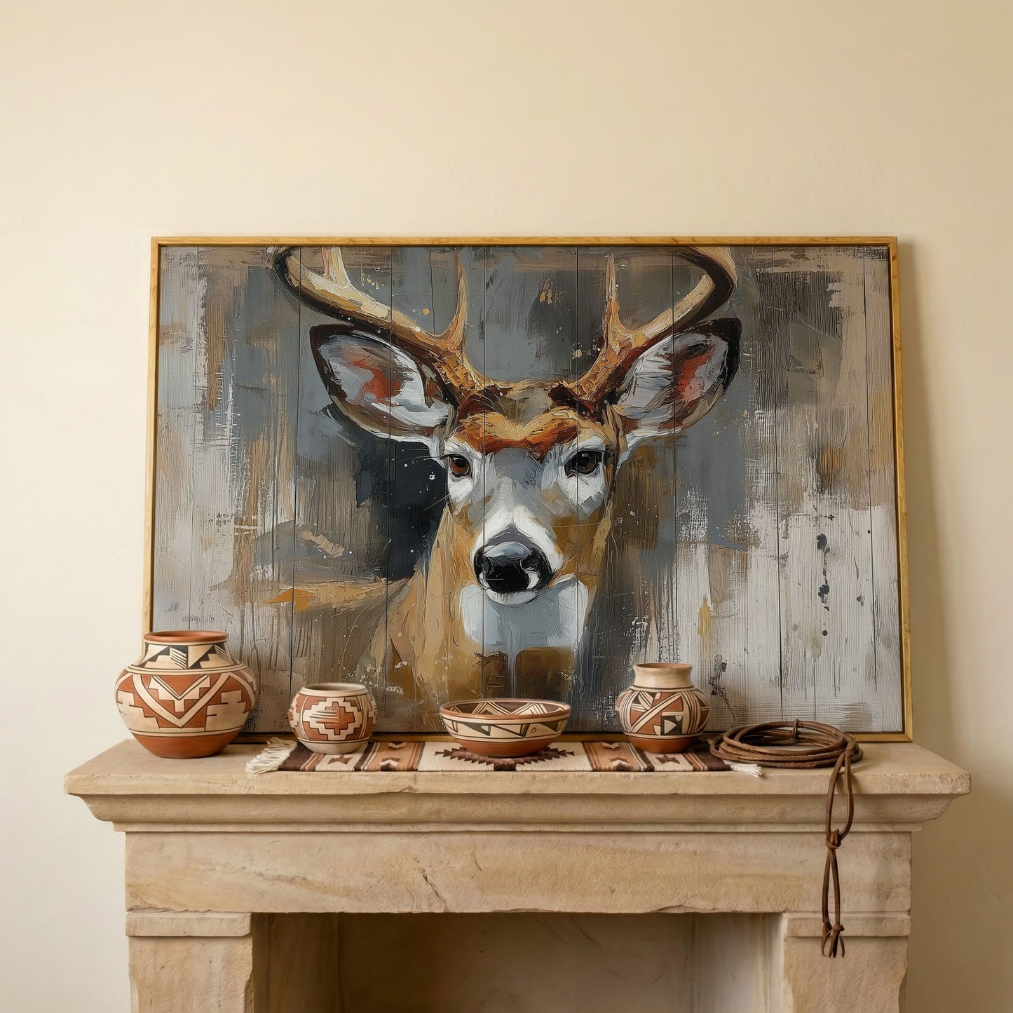 Stag Portrait Canvas Art, Painterly Antler Close-Up Wall Print in white oak floating frame
