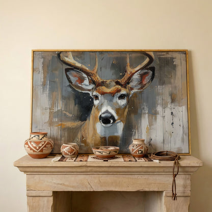 Stag Portrait Canvas Art, Painterly Antler Close-Up Wall Print in white oak floating frame