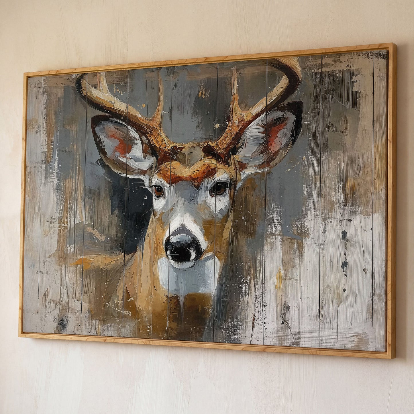 Stag Portrait Canvas Art, Painterly Antler Close-Up Wall Print shown in white oak floating frame