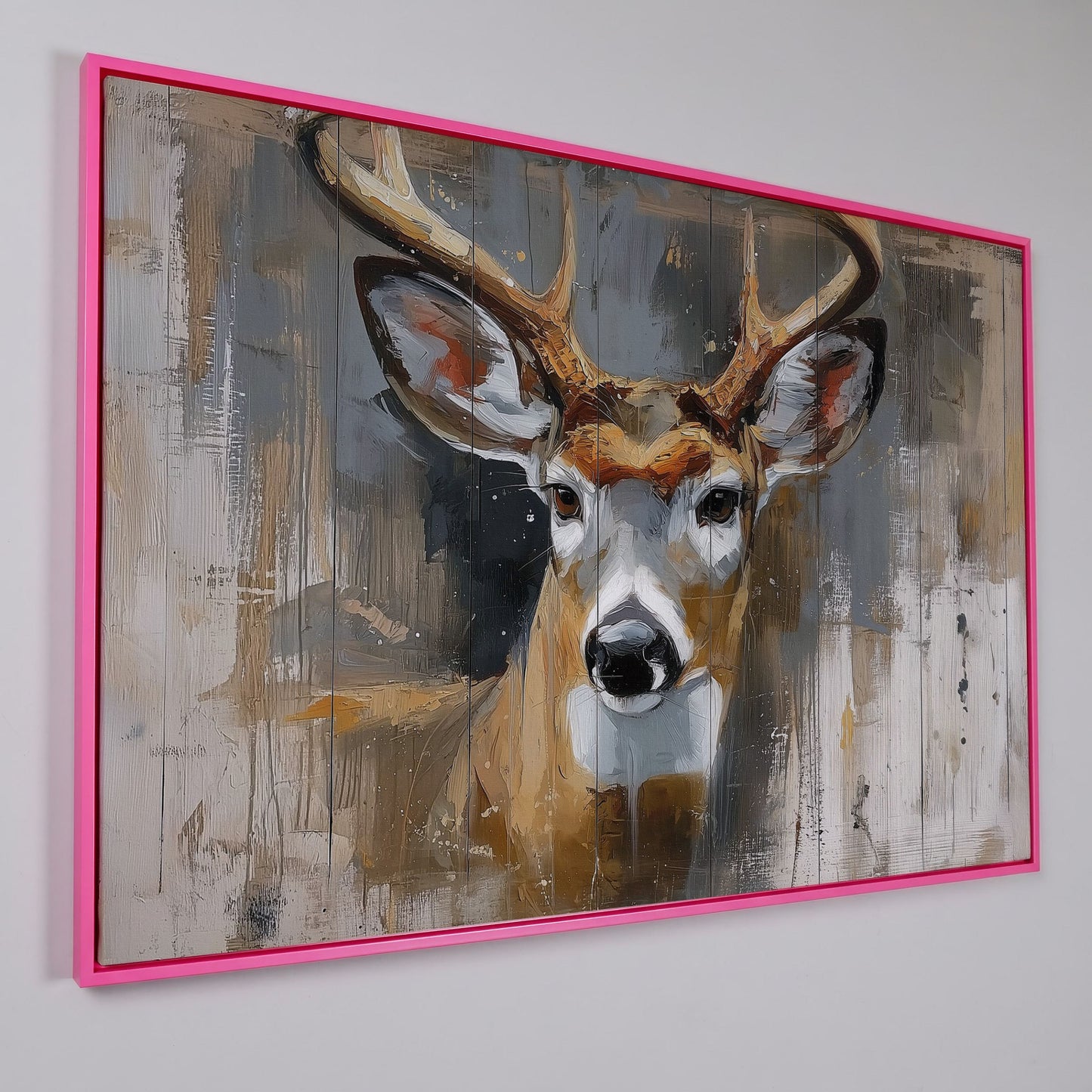 Stag Portrait Canvas Art, Painterly Antler Close-Up Wall Print in pink floating frame