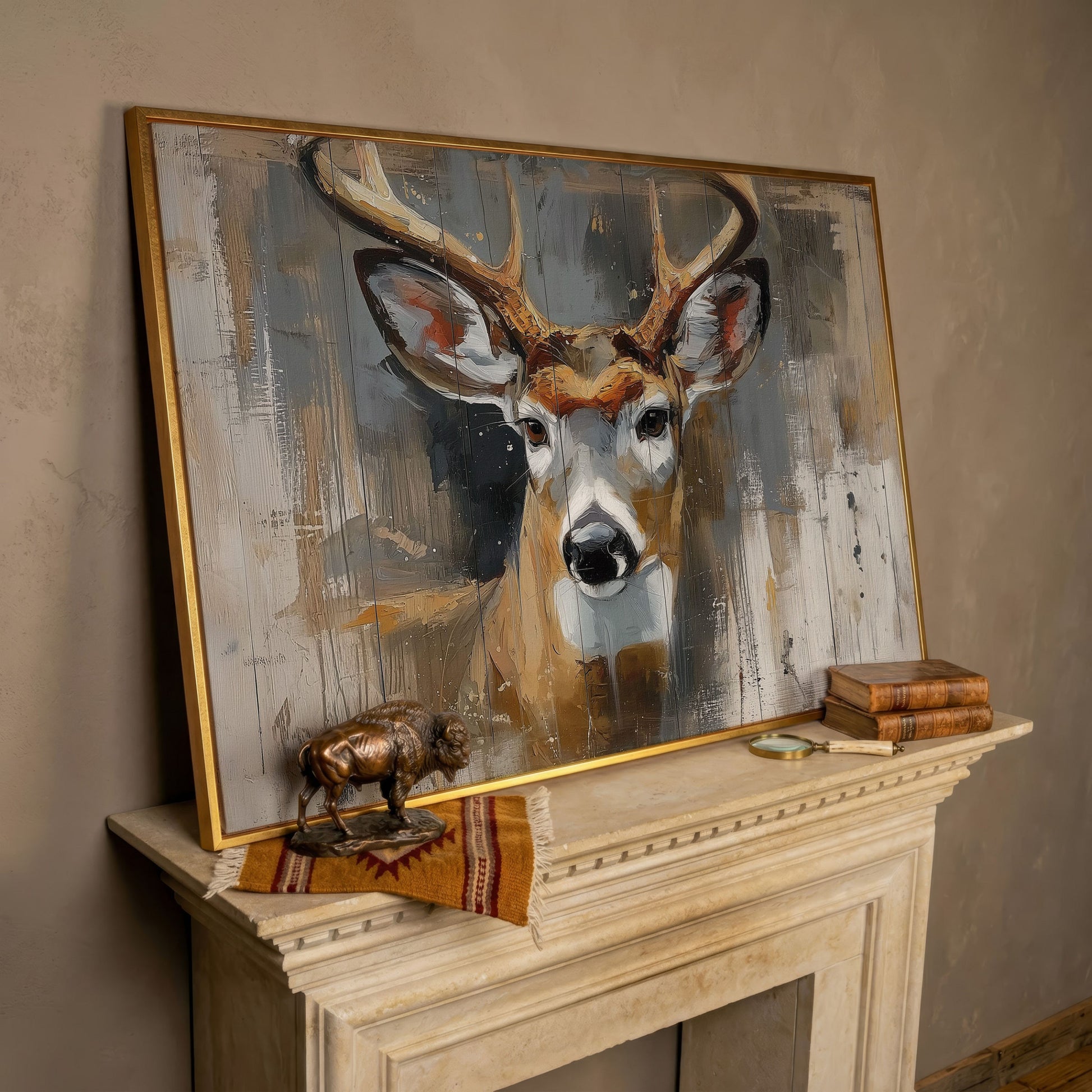 Stag Portrait Canvas Art, Painterly Antler Close-Up Wall Print in rose gold floating frame