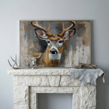 Stag Portrait Canvas Art, Painterly Antler Close-Up Wall Print in silver floating frame