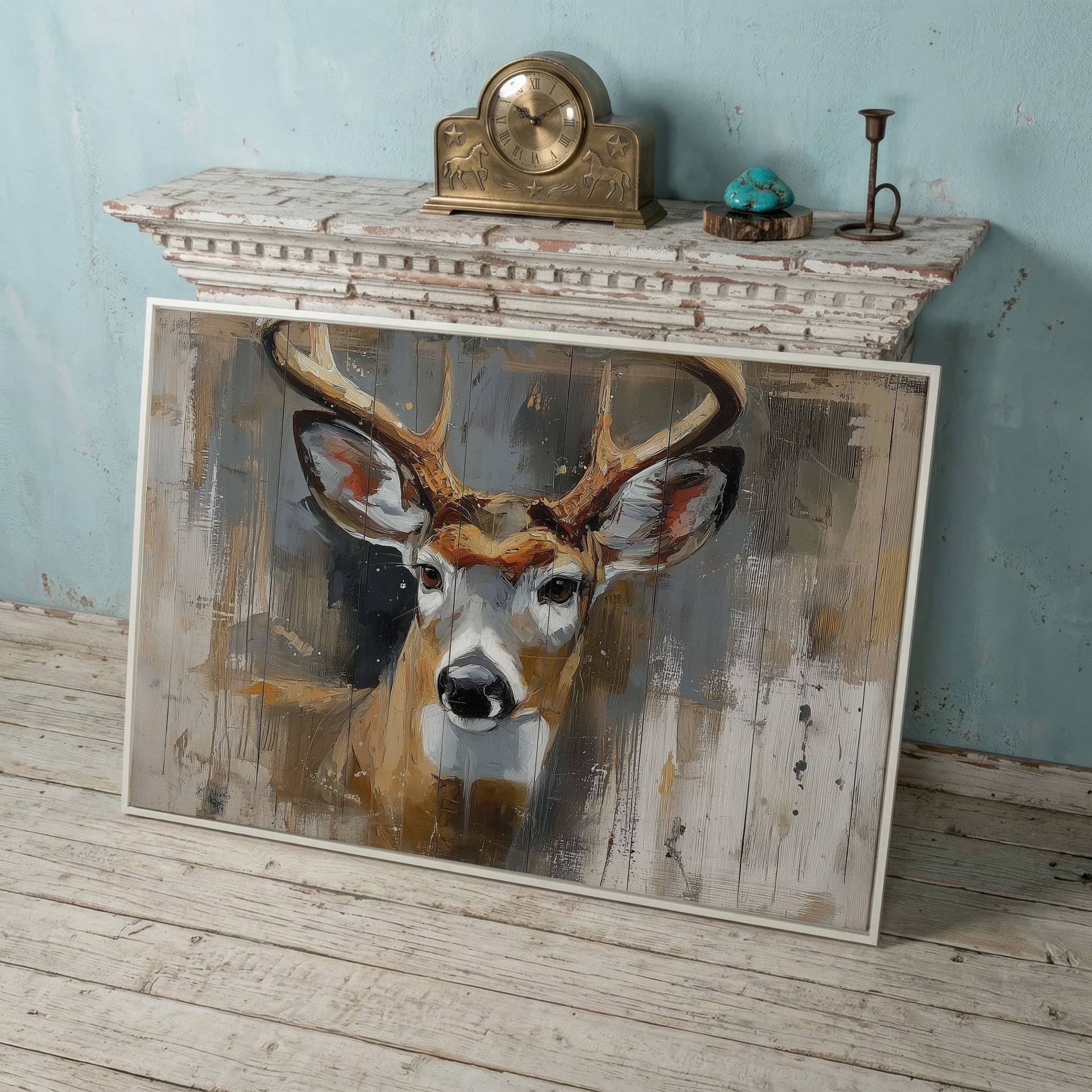 Stag Portrait Canvas Art, Painterly Antler Close-Up Wall Print in white floating frame
