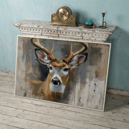 Stag Portrait Canvas Art, Painterly Antler Close-Up Wall Print in white floating frame