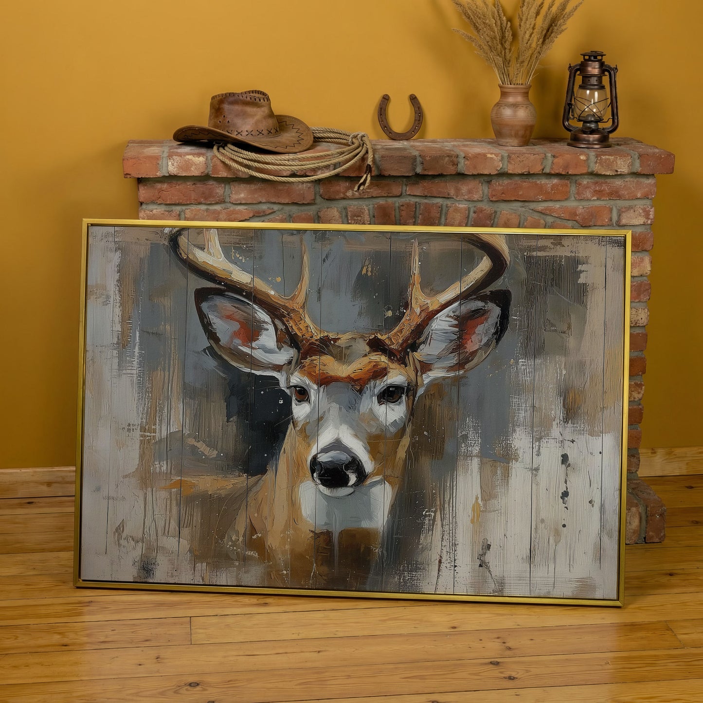 Stag Portrait Canvas Art, Painterly Antler Close-Up Wall Print in yellow gold floating frame