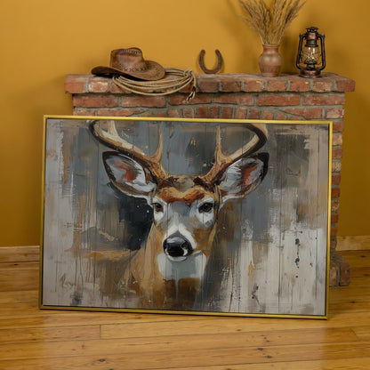 Stag Portrait Canvas Art, Painterly Antler Close-Up Wall Print in yellow gold floating frame