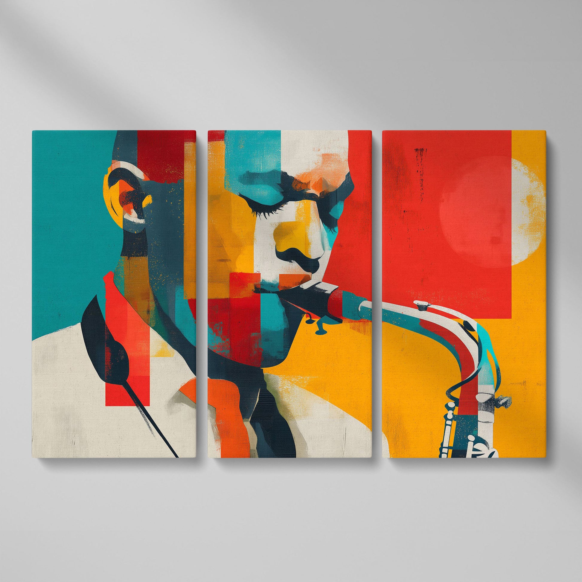 Abstract Saxophone Player Canvas Art, Cubist Jazz Portrait as 3-panel split version
