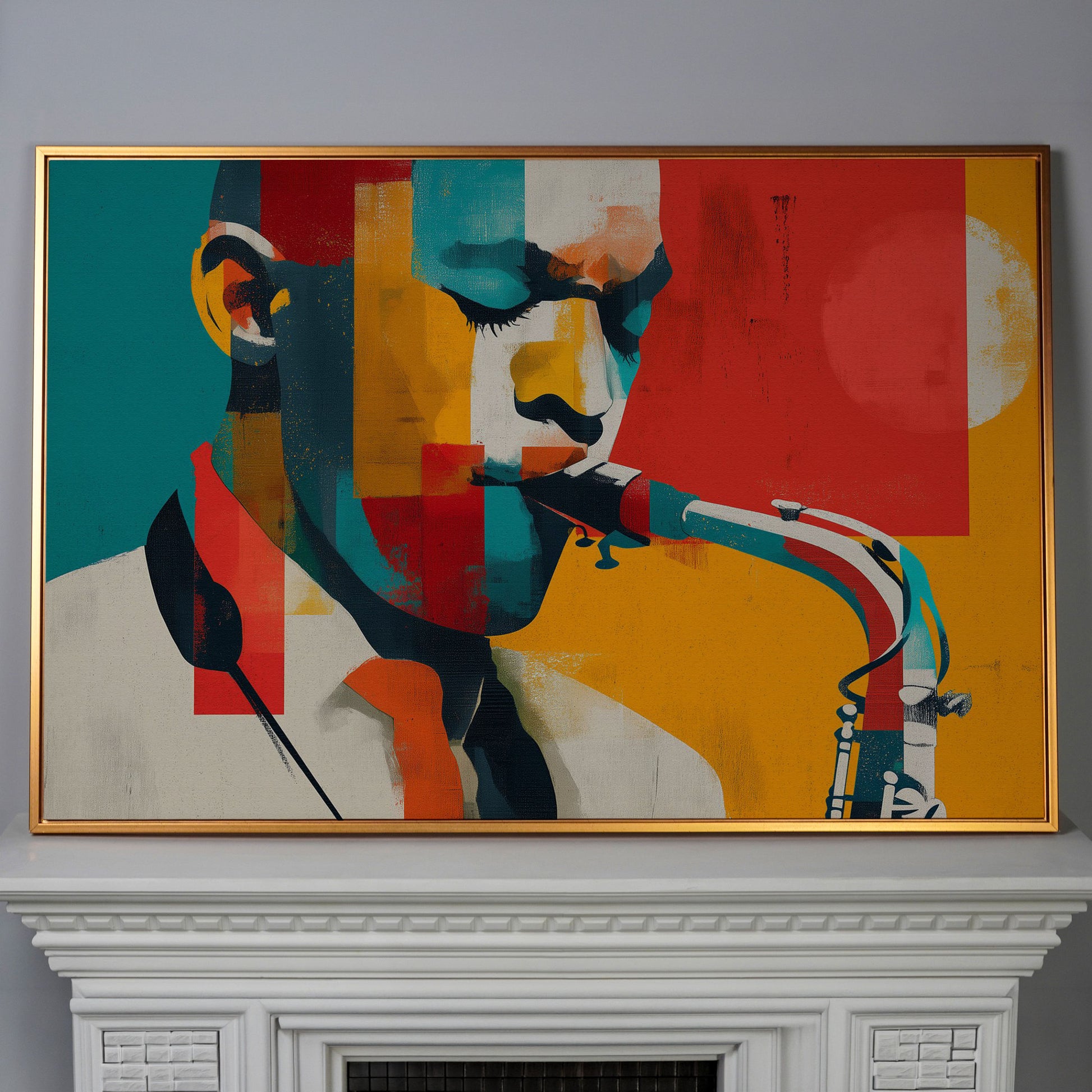 Abstract Saxophone Player Canvas Art, Cubist Jazz Portrait in antique gold floating frame