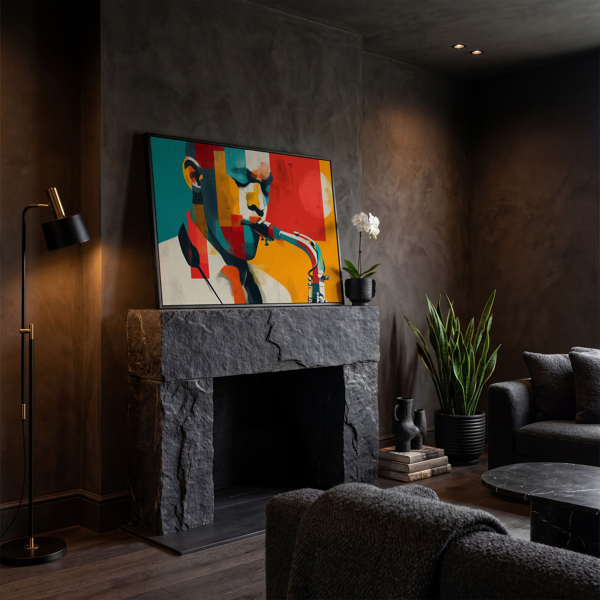 Abstract Saxophone Player Canvas Art, Cubist Jazz Portrait in black floating frame