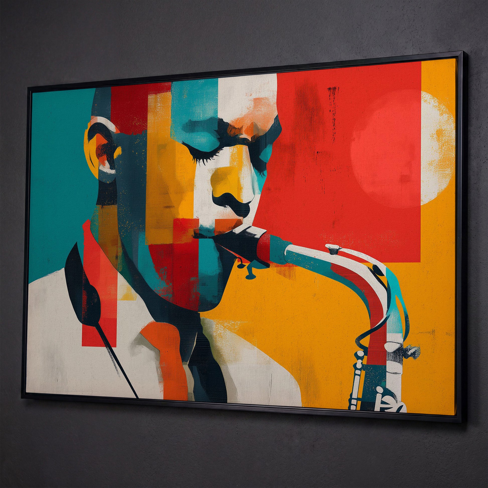 Abstract Saxophone Player Canvas Art, Cubist Jazz Portrait shown in black floating frame