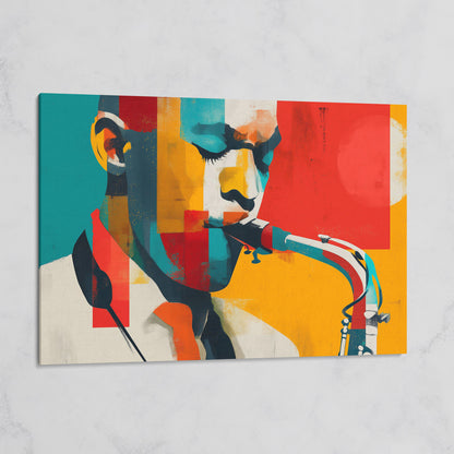 Abstract Saxophone Player Canvas Art, Cubist Jazz Portrait on gallery wrap