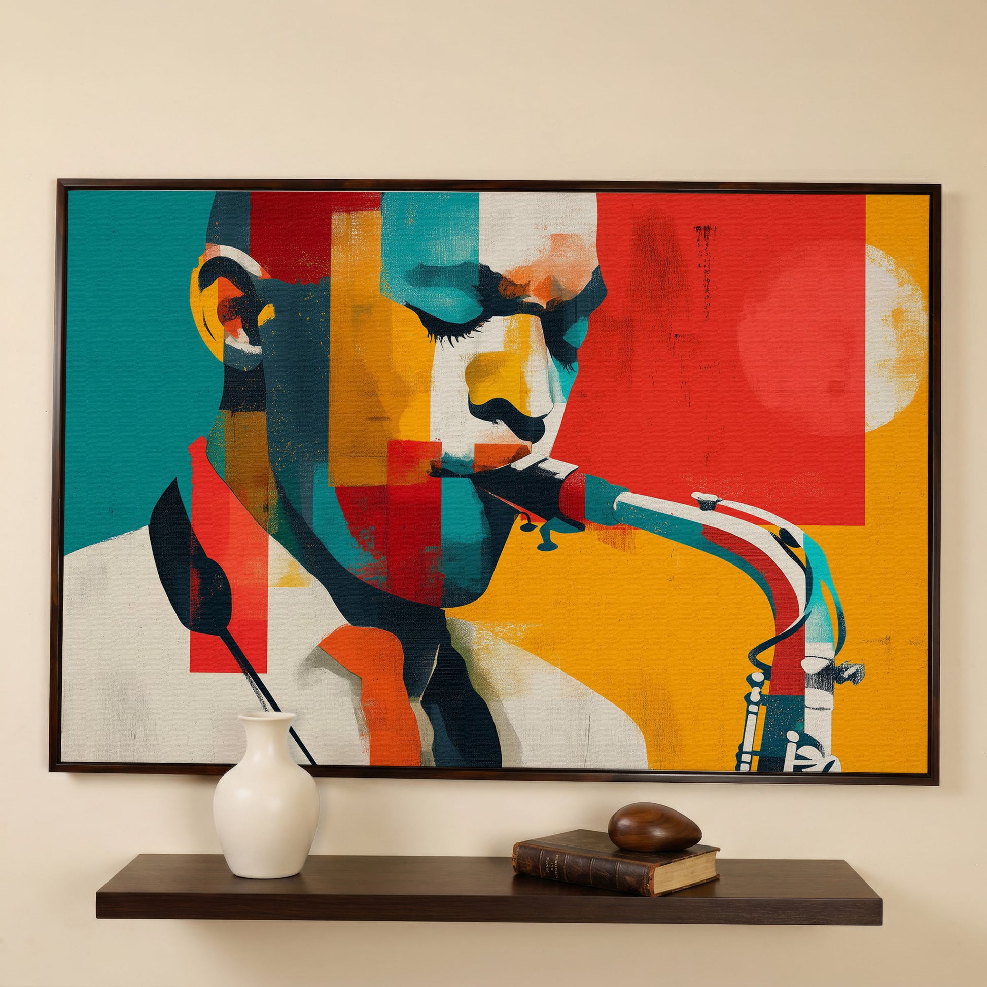 Abstract Saxophone Player Canvas Art, Cubist Jazz Portrait in dark walnut floating frame