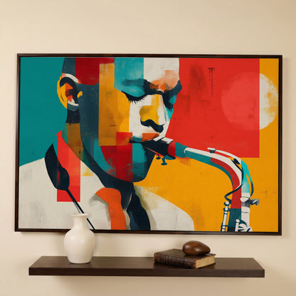 Abstract Saxophone Player Canvas Art, Cubist Jazz Portrait in dark walnut floating frame