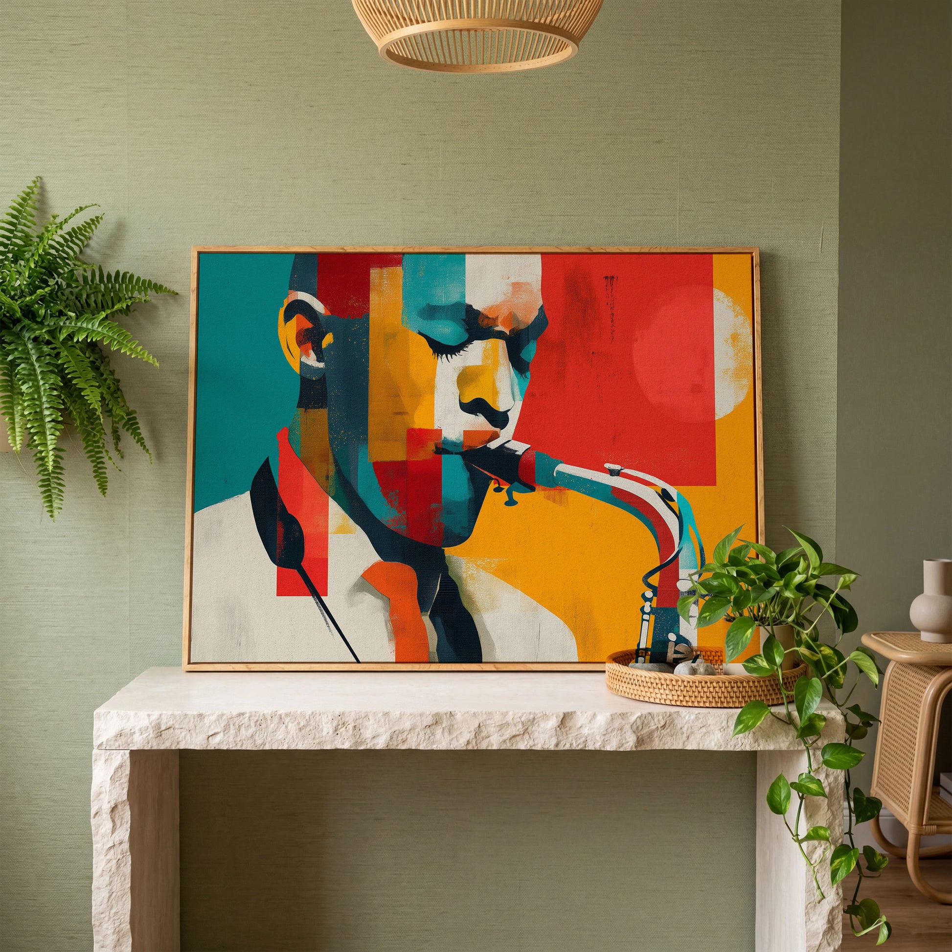 Abstract Saxophone Player Canvas Art, Cubist Jazz Portrait in white oak floating frame